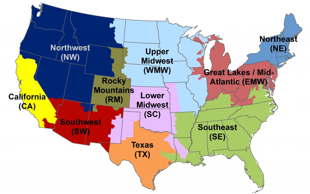 Map of 10 regions in the contiguous USA. GridPIQ follows the EPA convention of dividing the bulk power system into these regions to reduce boundary issues across balancing areas, markets and interconnections.